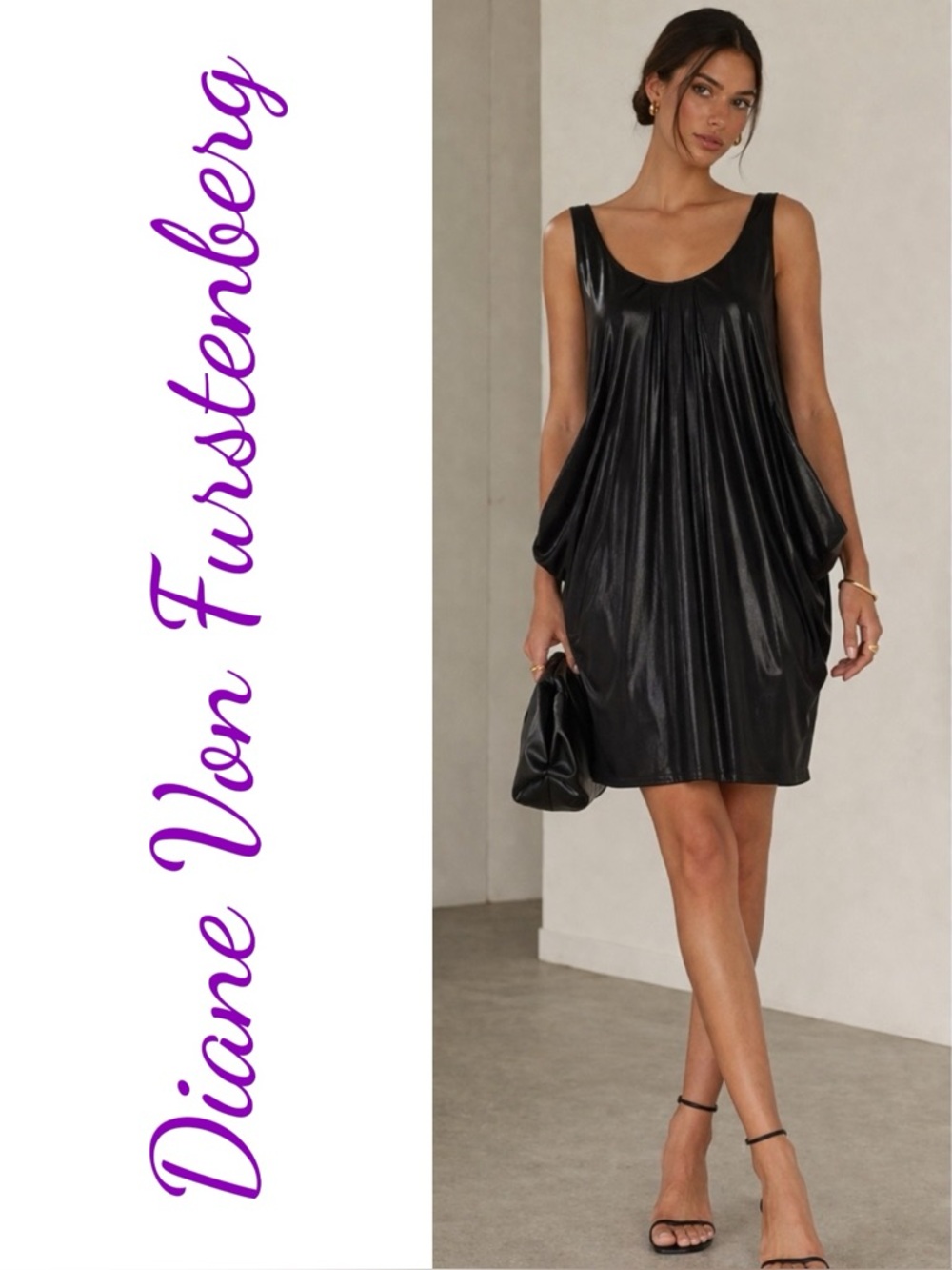 DVF Lesley Black Liquid Jersey Draped Shift Dress Sleeveless Minimalist Chic, 0